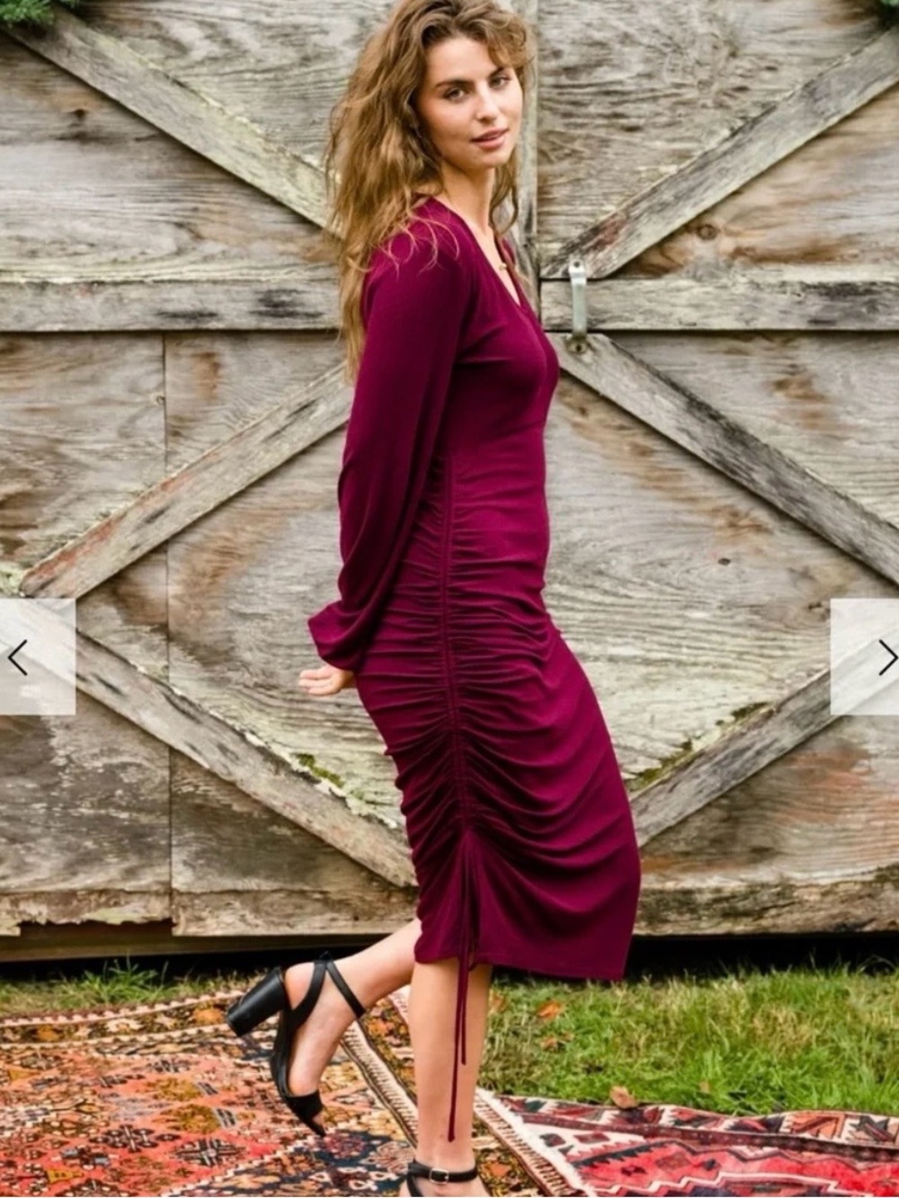 Able Wine V-Neck Long Sleeve Ruched Midi Dress